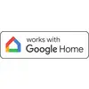 The image displays the Google Home logo and the text 'works with Google Home', indicating the compatibility of a product with Google Home.