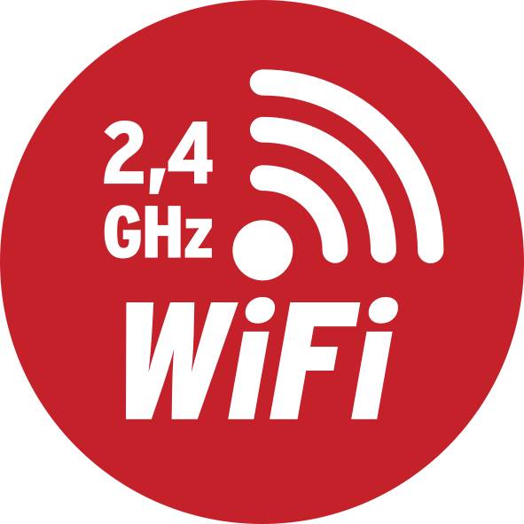 'Red circle with the text 2.4 GHz WiFi and a stylised radio signal symbol in white.'
