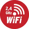'Red circle with the text 2.4 GHz WiFi and a stylised radio signal symbol in white.'