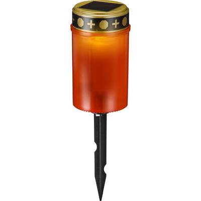 An orange, cylindrical solar light head with a black stake at the bottom, decorated with golden symbols at the top.