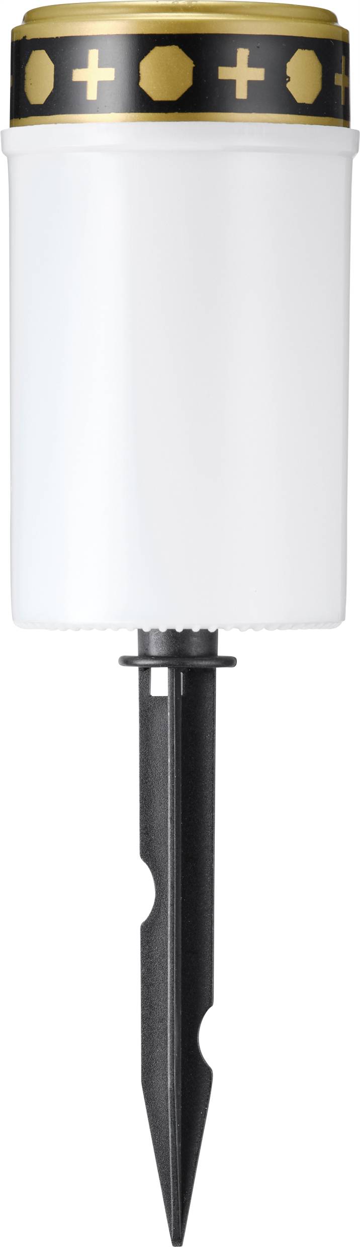 A white memorial candle with a black lid and golden symbols, attached to a black staff. Ideal for decoration in cemeteries.