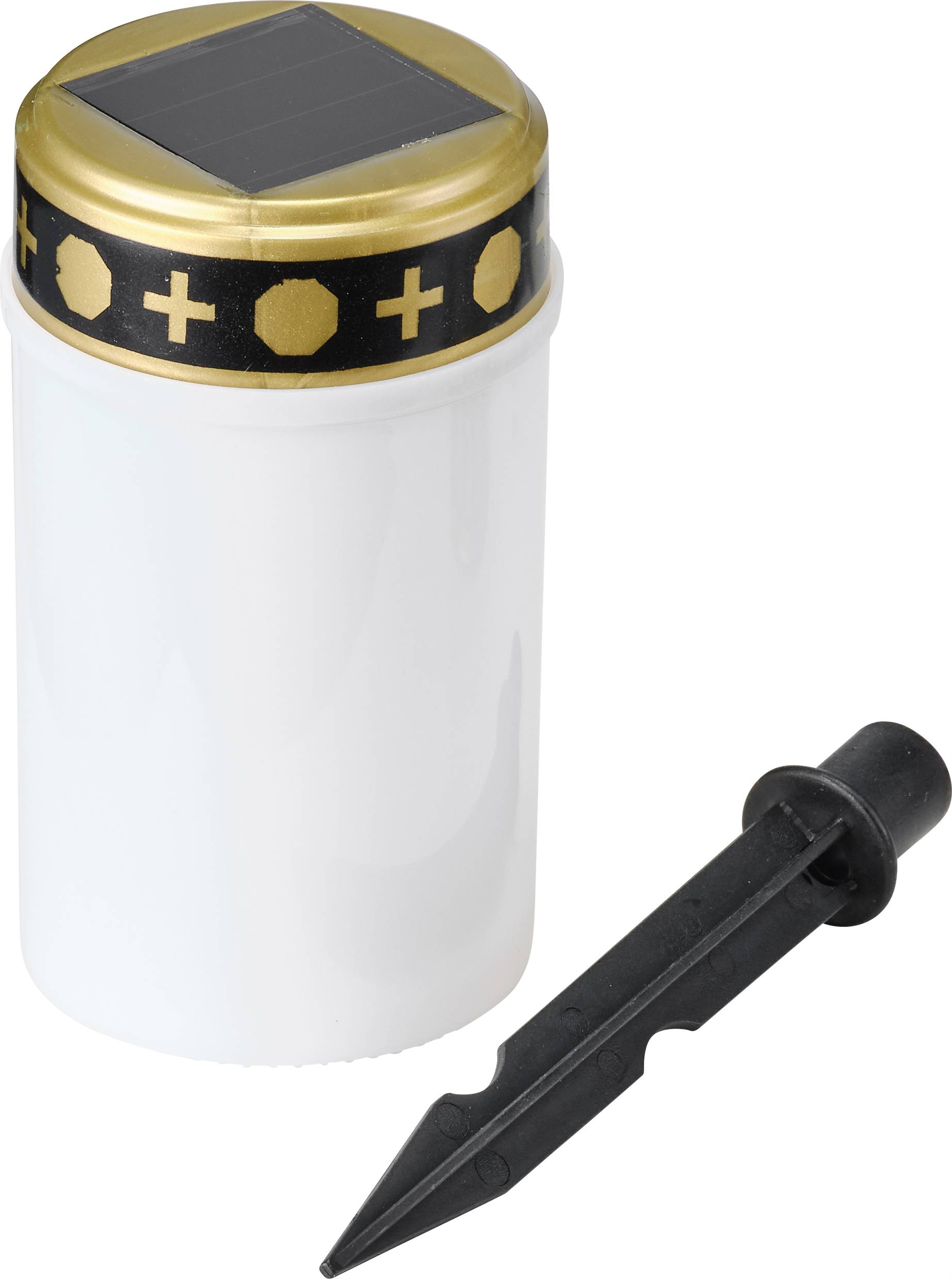 A white cylindrical container with a golden lid and black decoration, next to a black, pointed ground spike.