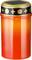 An orange grave candle with a golden lid and black symbols stands vertically.