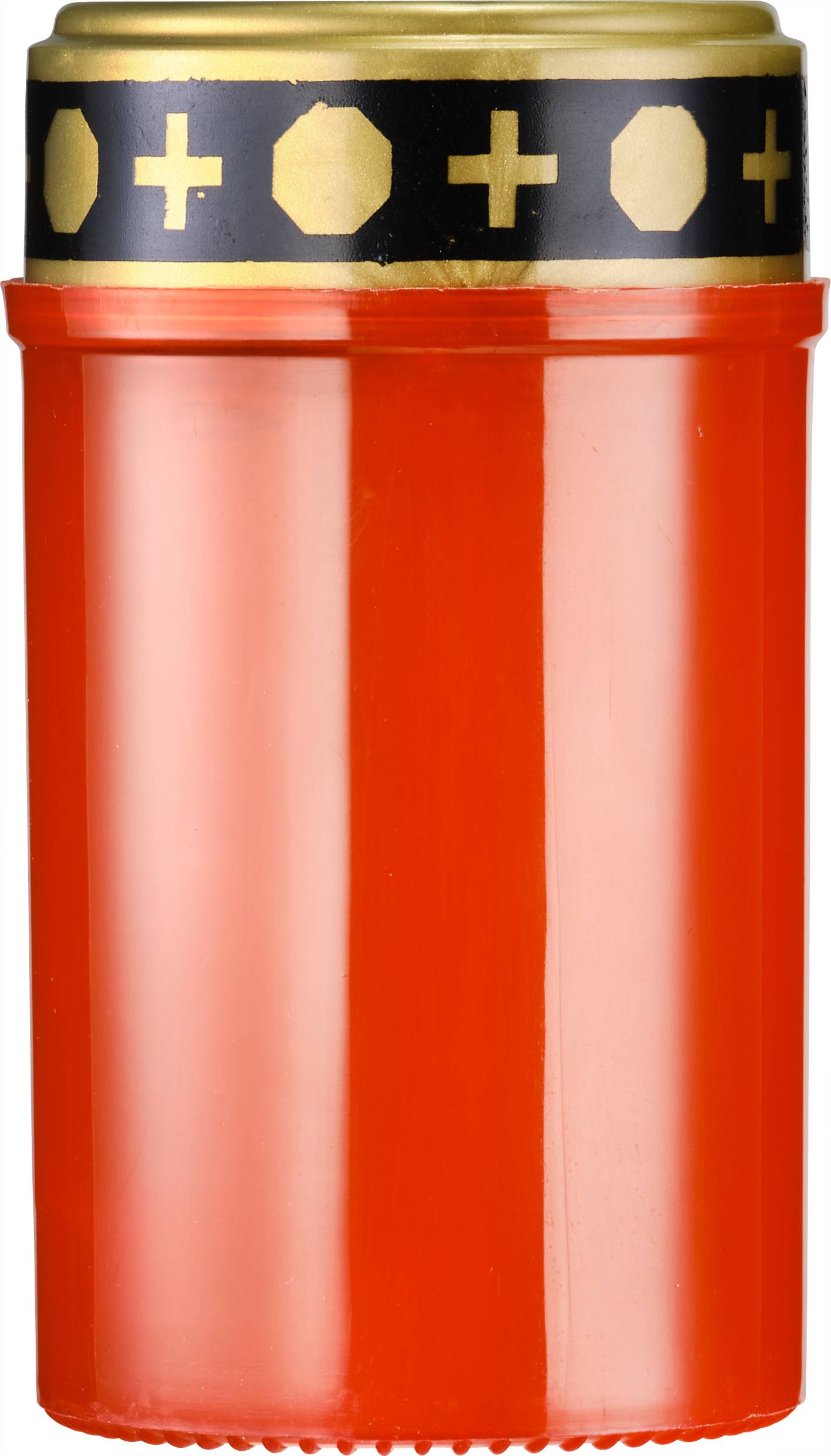 Red plastic memorial candle with a black border and golden symbols.