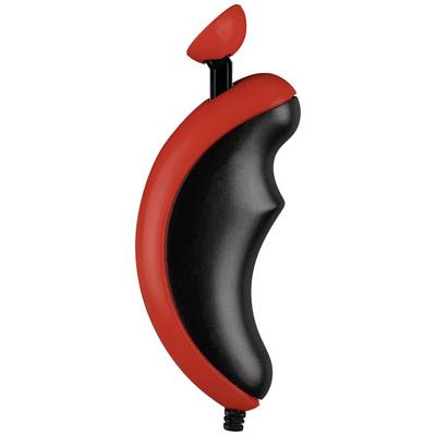 A red and black massage device handle with a curved shape and angled head, suitable for targeted muscle relaxation.