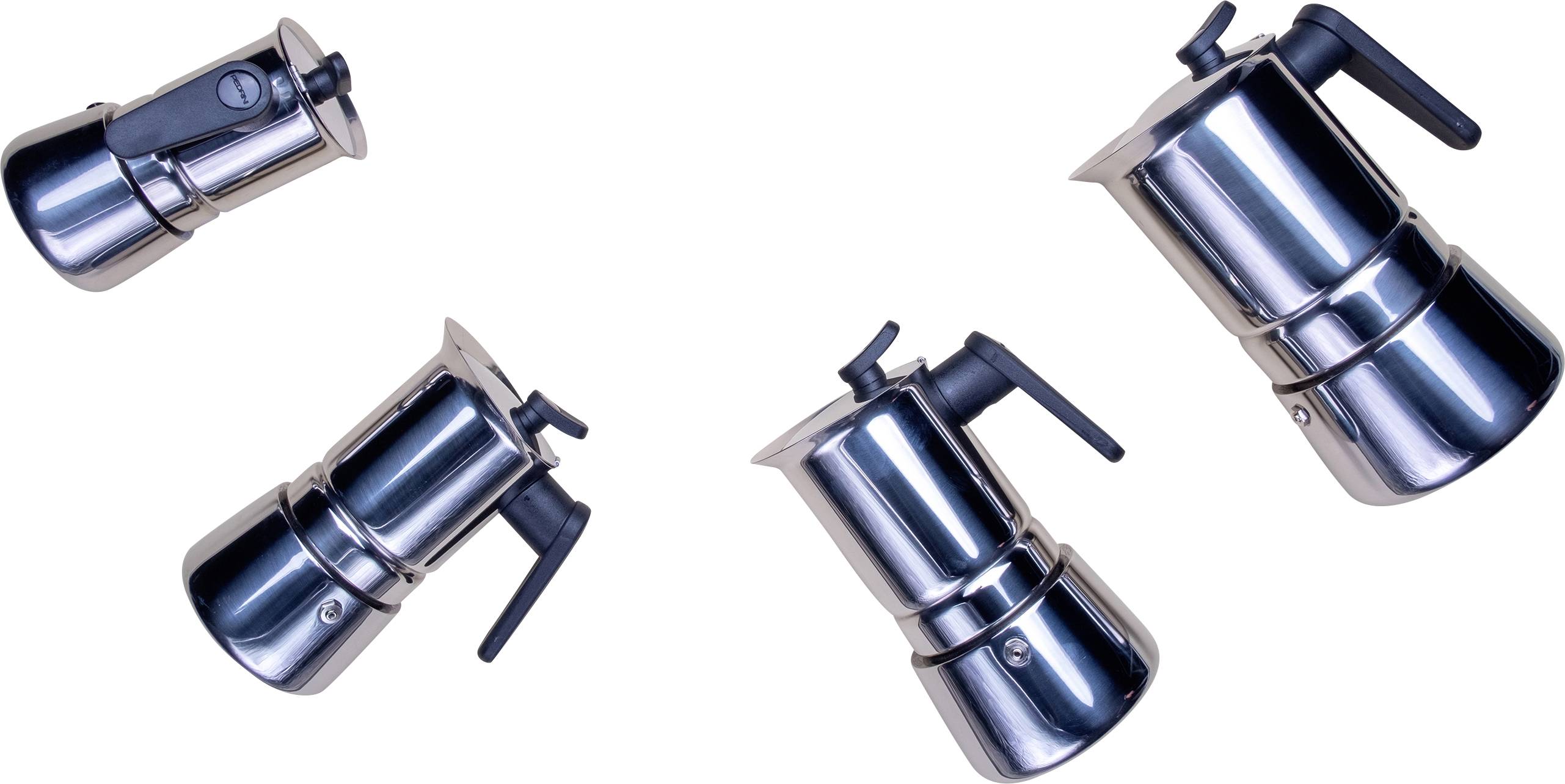 Four silver espresso pots at different angles on a white background.