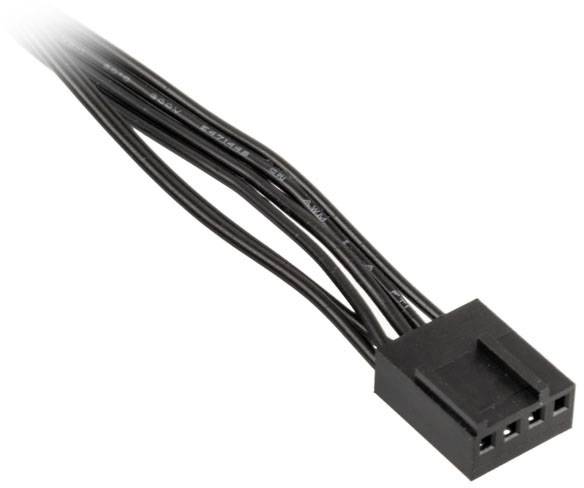 Black four-pole female connector with four cables, commonly used for connecting computer components or fans.