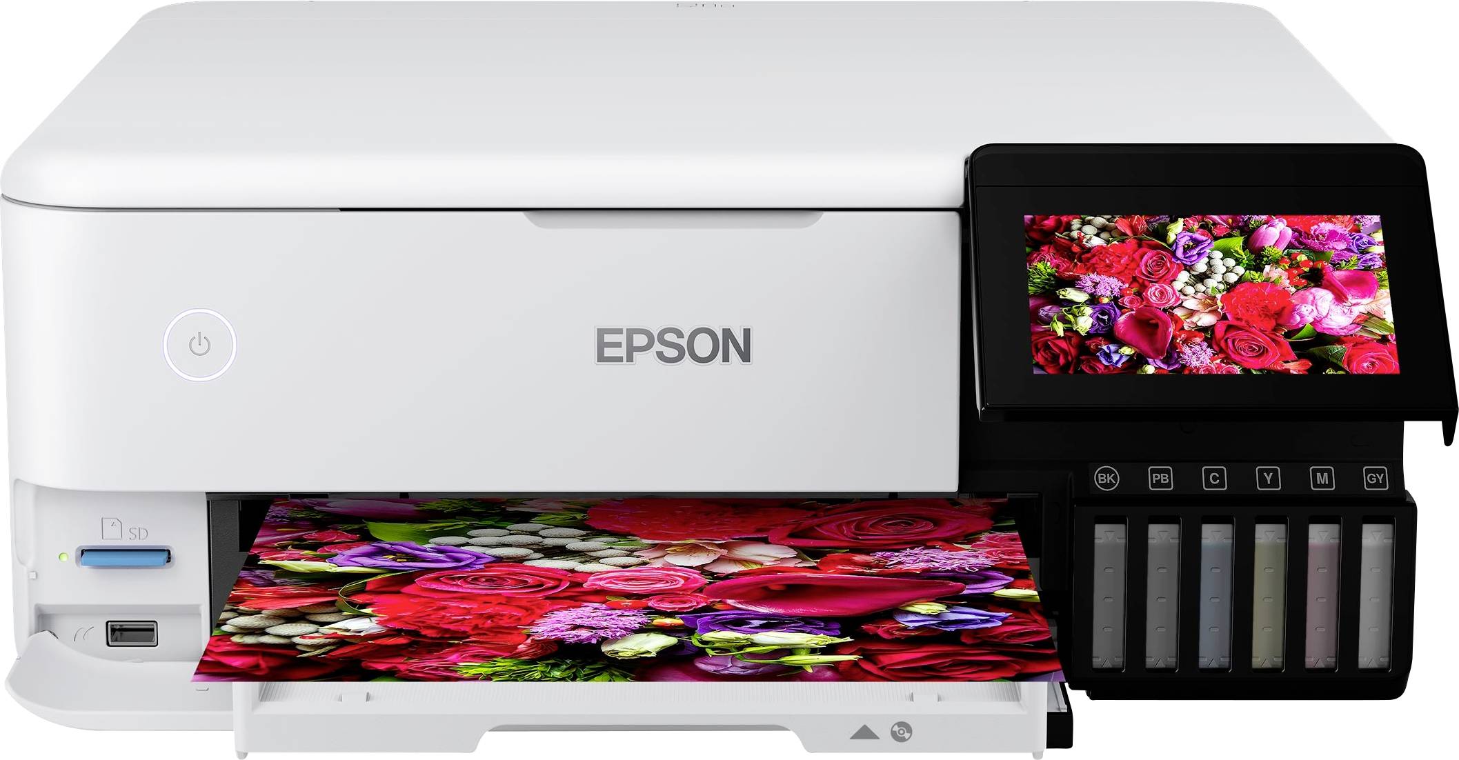 A white printer is outputting a photo with colourful flowers. Flowers are also displayed on the screen.