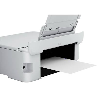 A white printer is outputting a sheet of paper. The lid is open, and the paper feed is visible.