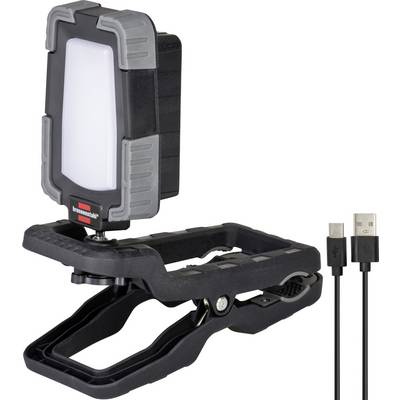 Clip-on rechargeable LED work light with black clamp mount and included USB charging cable on a white background