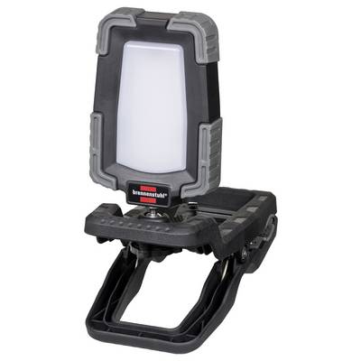 Portable LED work light on an adjustable stand, with a black and gray protective frame and handle for positioning on a surface.