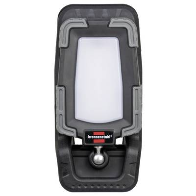 Black portable work light with a white central panel, metal mounting brackets, and 'brennenstuhl' logo at the bottom.