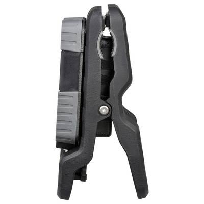 Side view of a black and gray plastic clamp-like tool with a large spring-loaded handle and ribbed adjustment wheel.