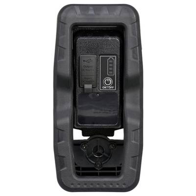 Portable battery pack with USB output and built-in LED power indicator, showing ON/OFF button and charging ports in a rugged black case.
