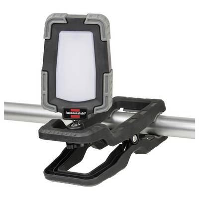 Portable LED work light clipped to a horizontal pipe with an adjustable black mounting bracket.