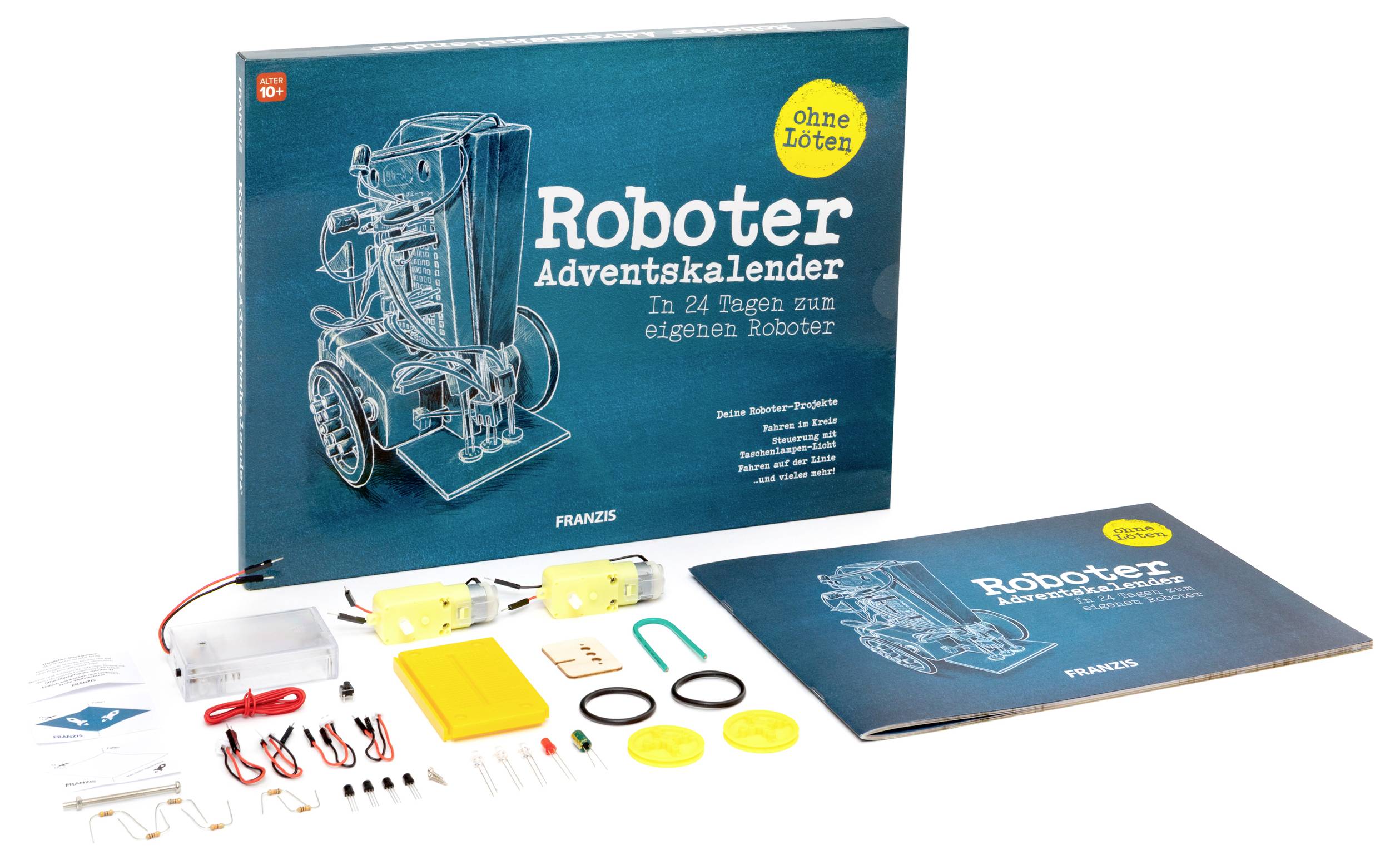 Robot building kit box labeled 'Roboter Adventskalender' with a calendar booklet and assorted electronic parts laid out in front.