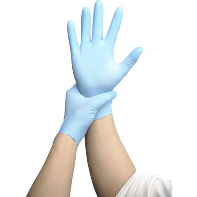 Two hands in blue disposable gloves. One hand is correctly putting on a glove to ensure hygiene or protection.