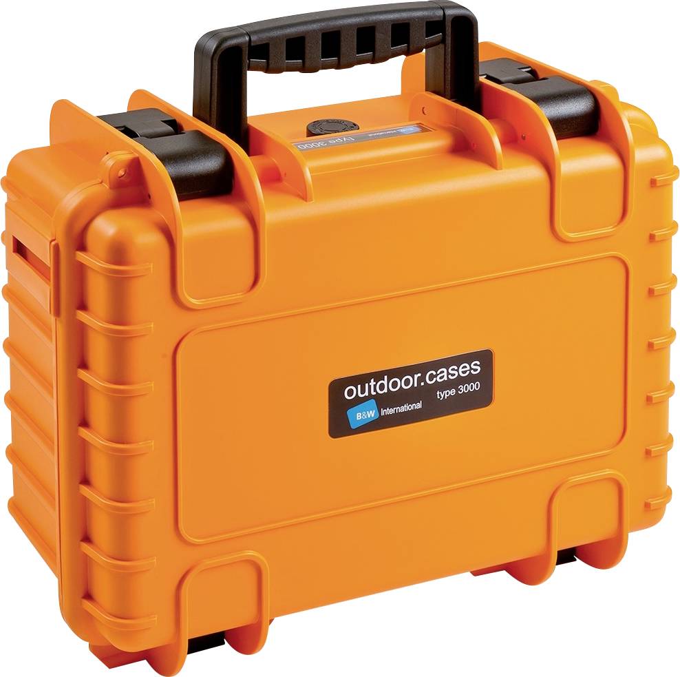 Orange protective case with black handle, suitable for outdoor use. Label: 'outdoor.cases type 3000'.