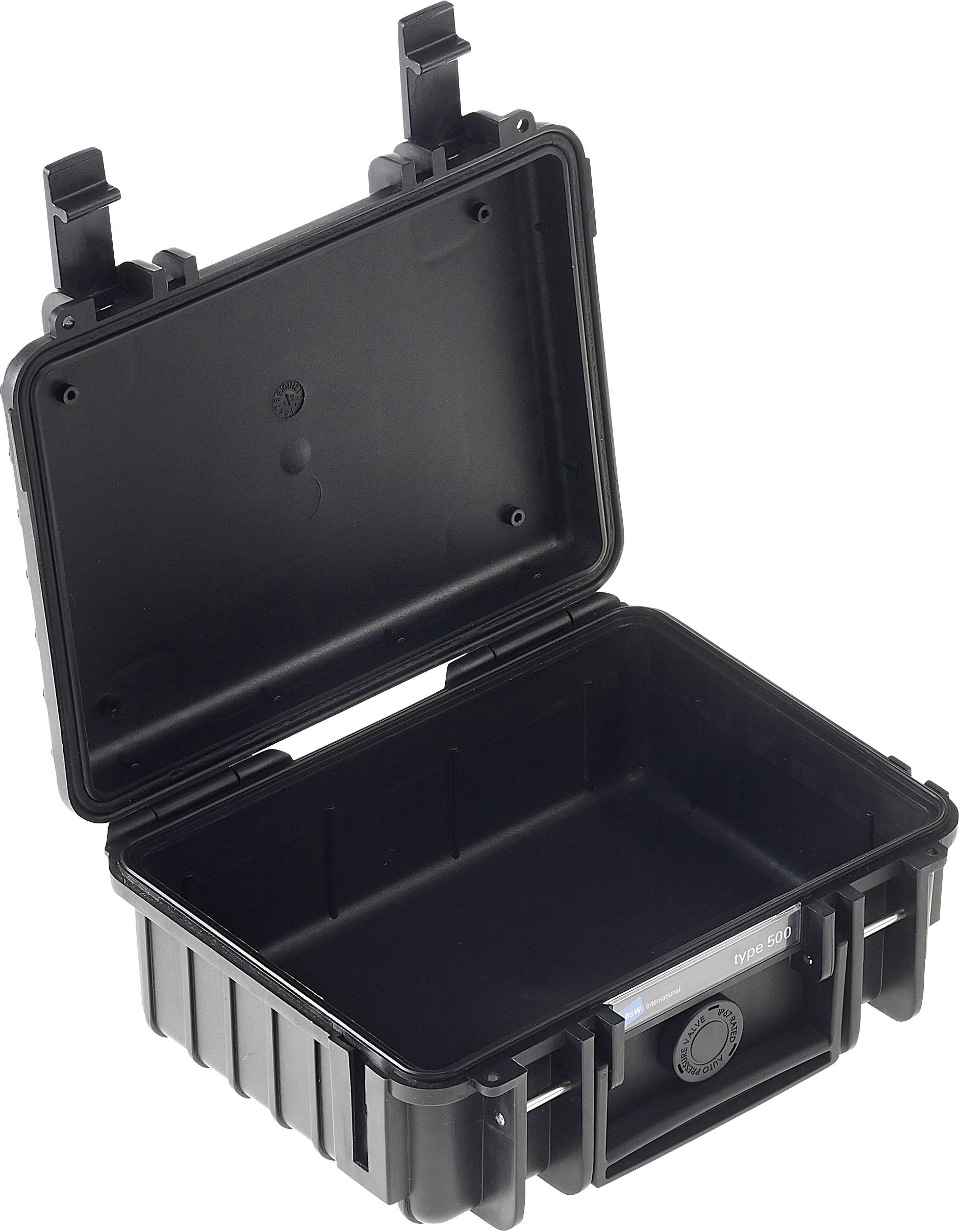 A robust, open black plastic case with hinges and latches, suitable for the secure transportation of equipment.