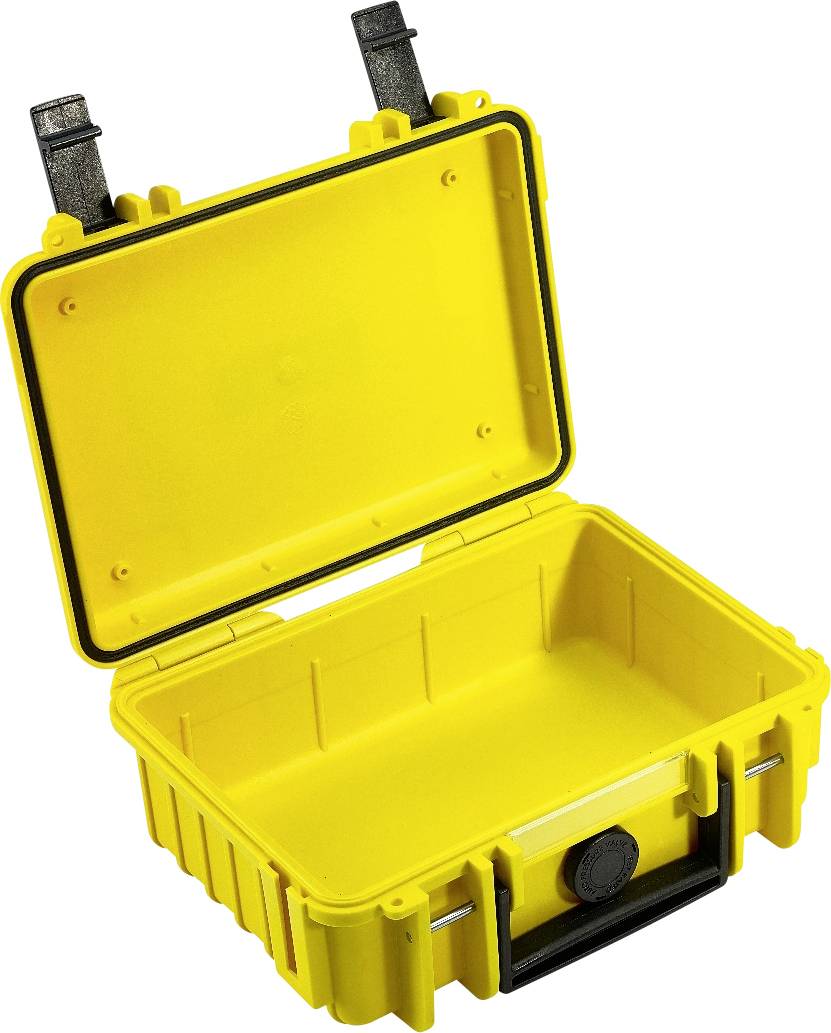 Yellow, open plastic tool case with a lid and clasps. Sturdy and designed to protect tools.