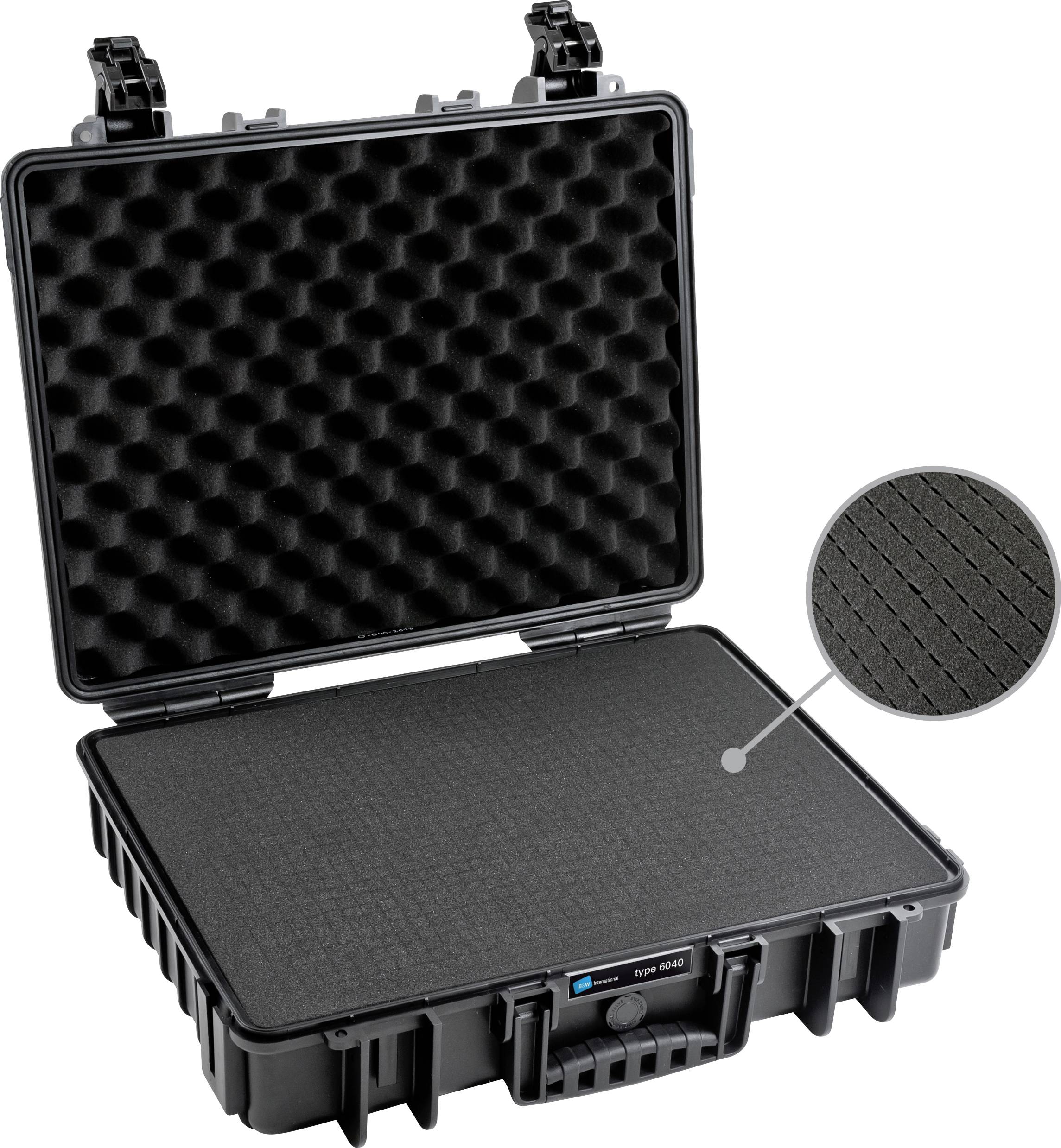 Open black hard-shell case with foam padding inside. Suitable for protecting and transporting delicate items.
