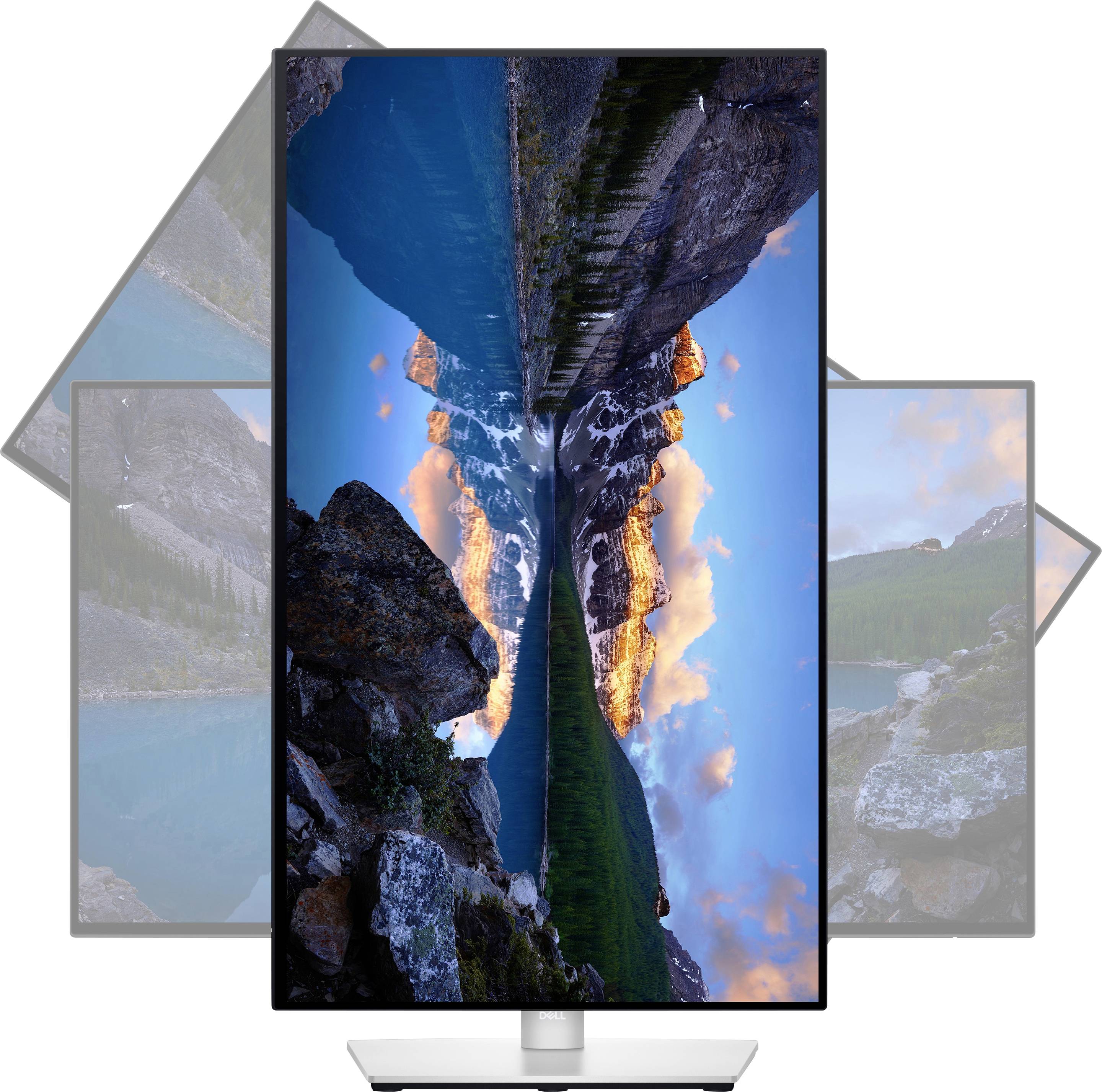 'A monitor displays a high-resolution nature image of a mountain lake, partially rotated in portrait and landscape orientation.'