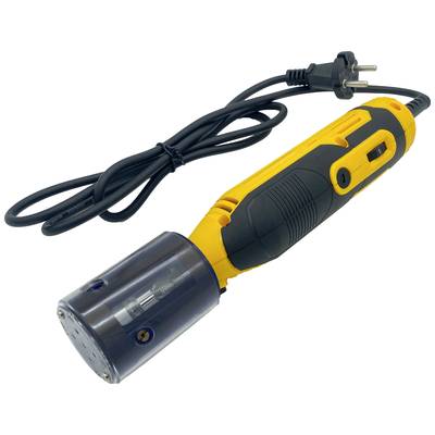 A yellow electric shaver with a black handle and removable protective cover, equipped with a mains lead and plug.