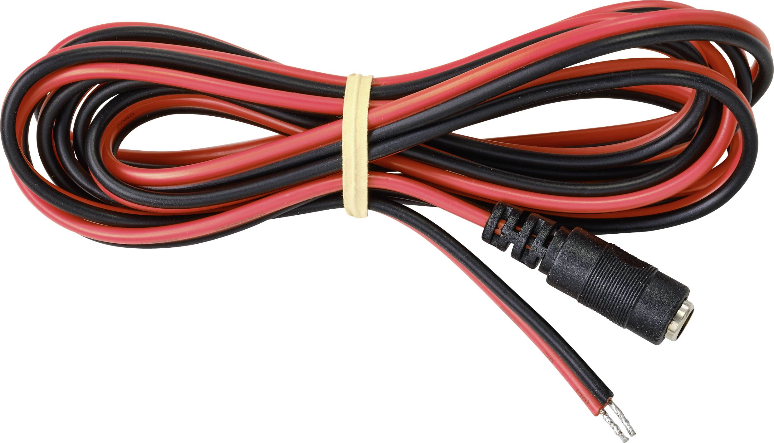 Red and black cable with a connector, bundled together by a rubber band.