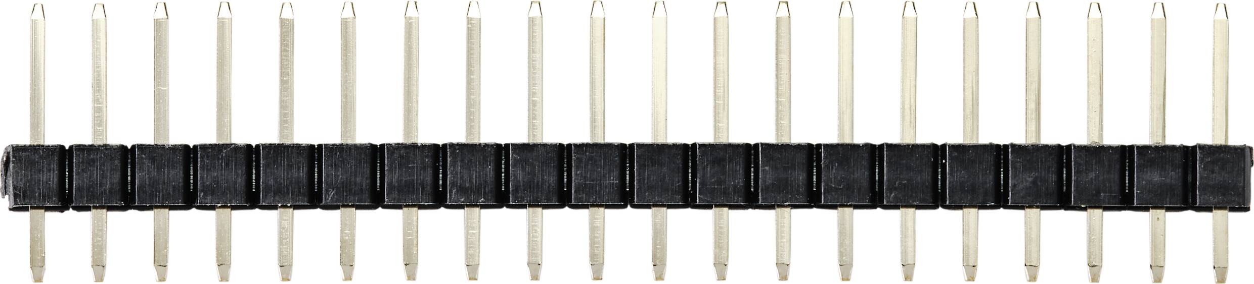 A row of metal pins, arranged in a straight line, connected by a black plastic strip.