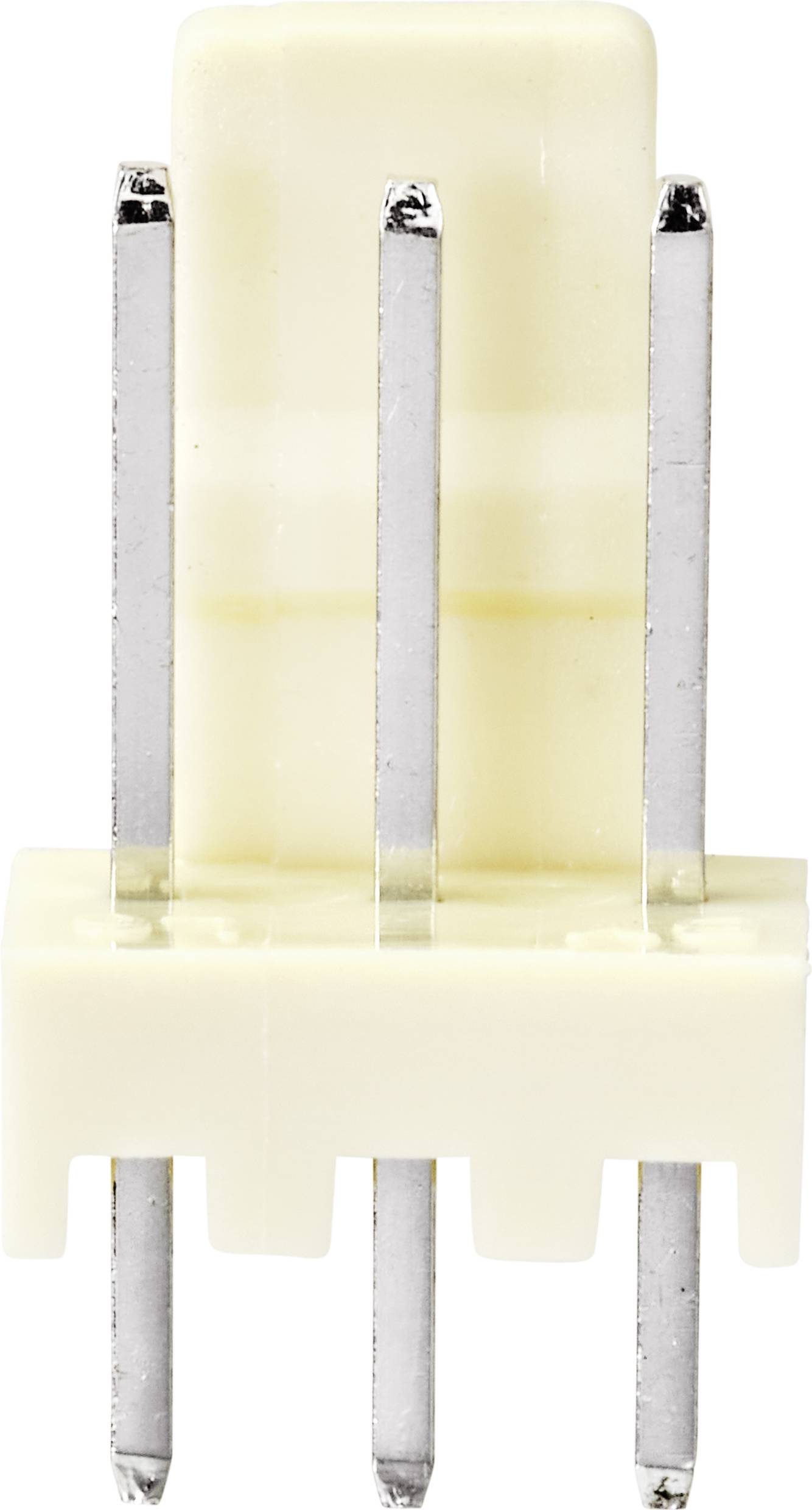 A white, rectangular plastic plug with four long, silver metal pins, used for electrical connection in devices.