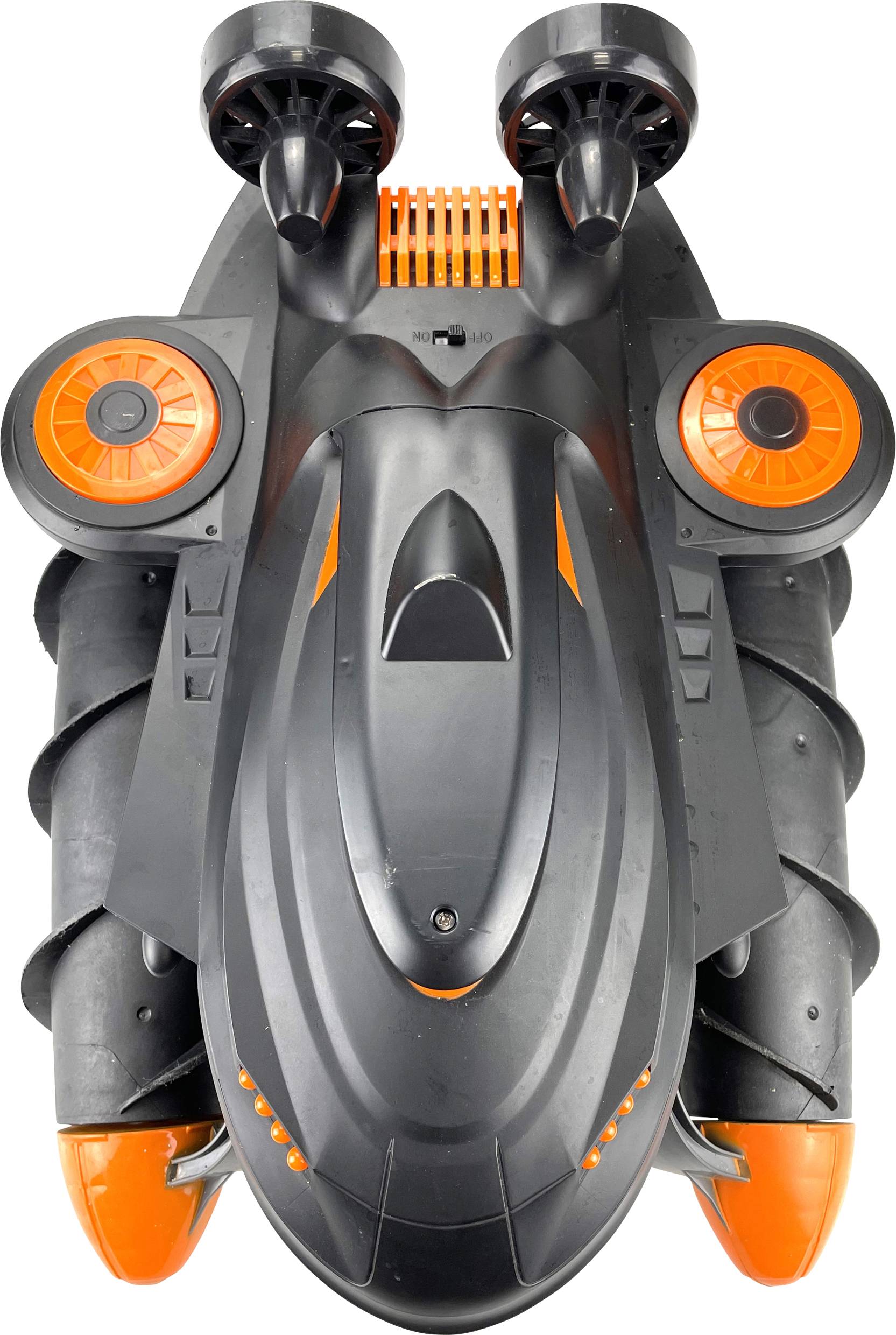 Toy submarine with black and orange design, two propellers on top and spiral-like side fins.
