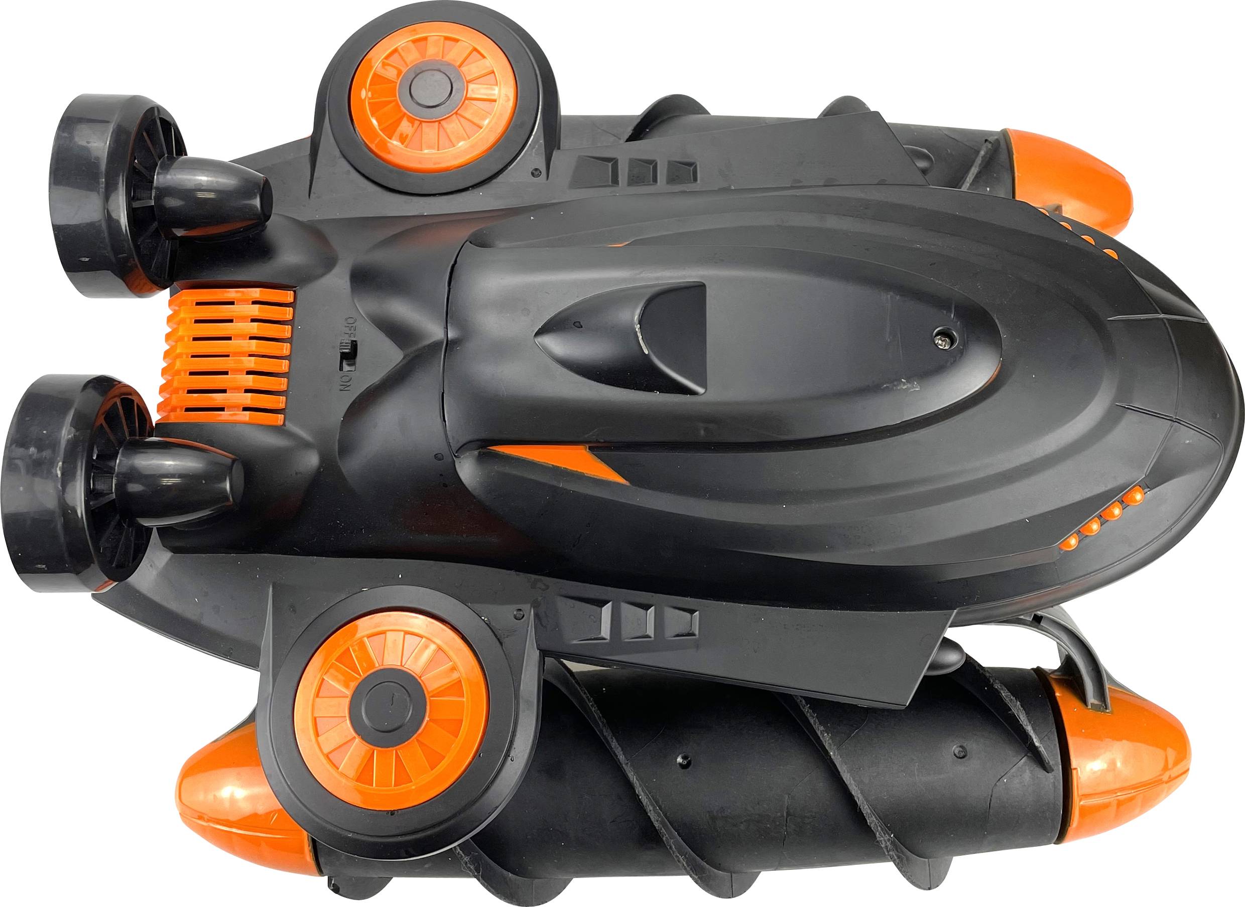 A black and orange waterproof RC vehicle with large wheels and a streamlined design, perfect for off-road adventures.