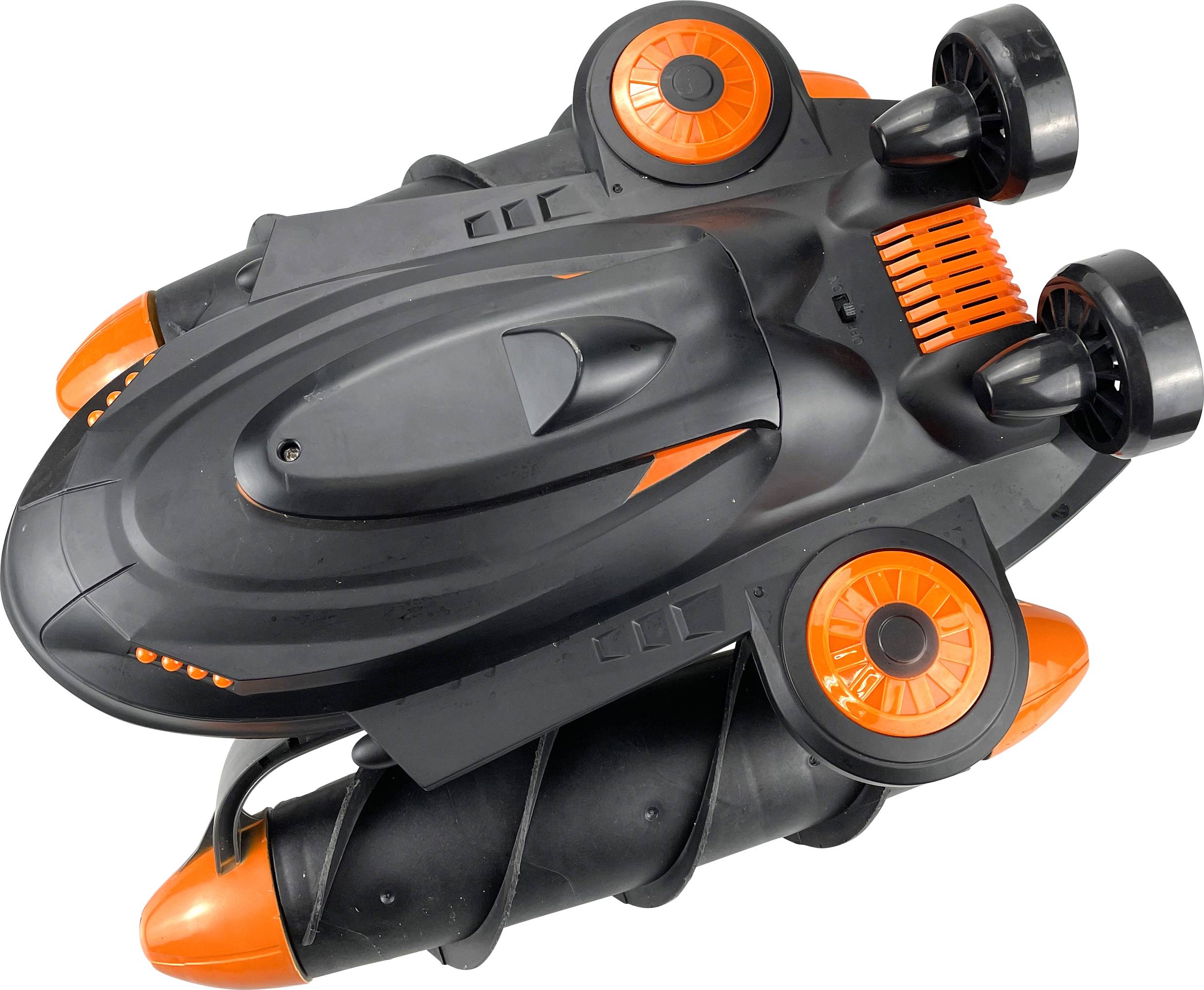 An orange and black watercraft with propellers on the top, suitable for diving or water adventures.