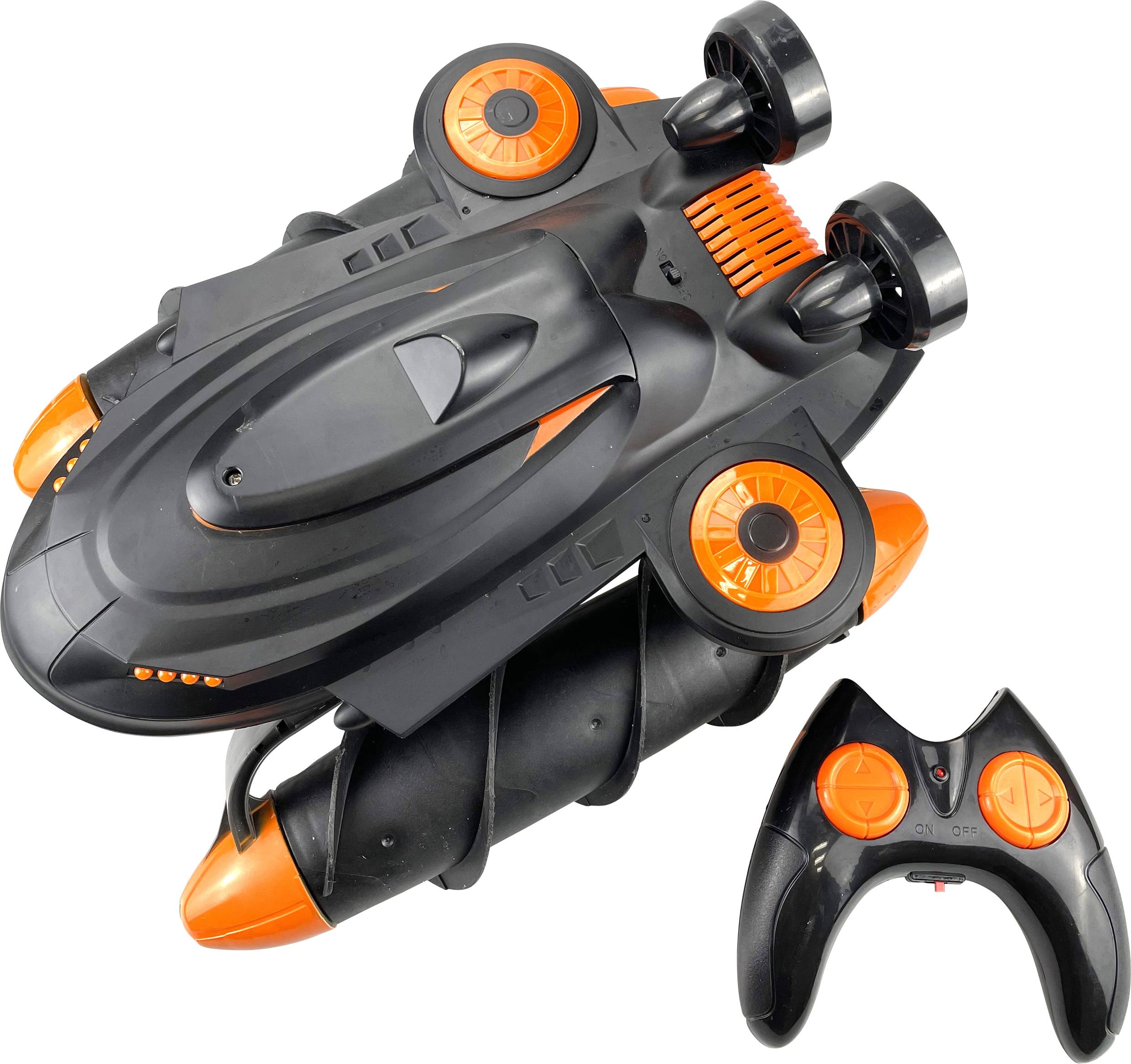 Remote-controlled black and orange submarine toy with two rotors and matching controller, suitable for underwater adventures.