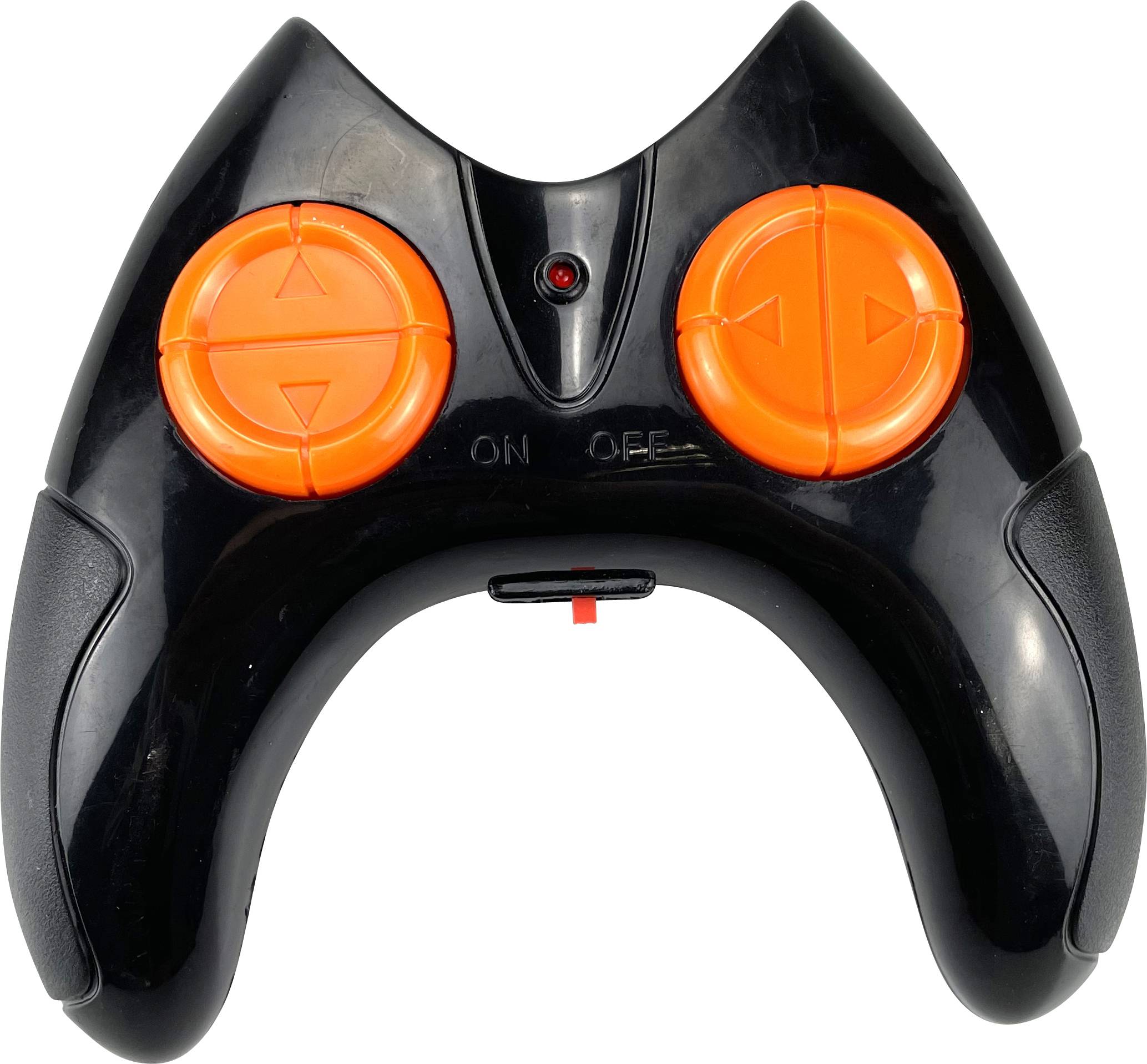 A black controller with two large orange buttons, a switch marked 'ON' and 'OFF', and a central red LED indicator.