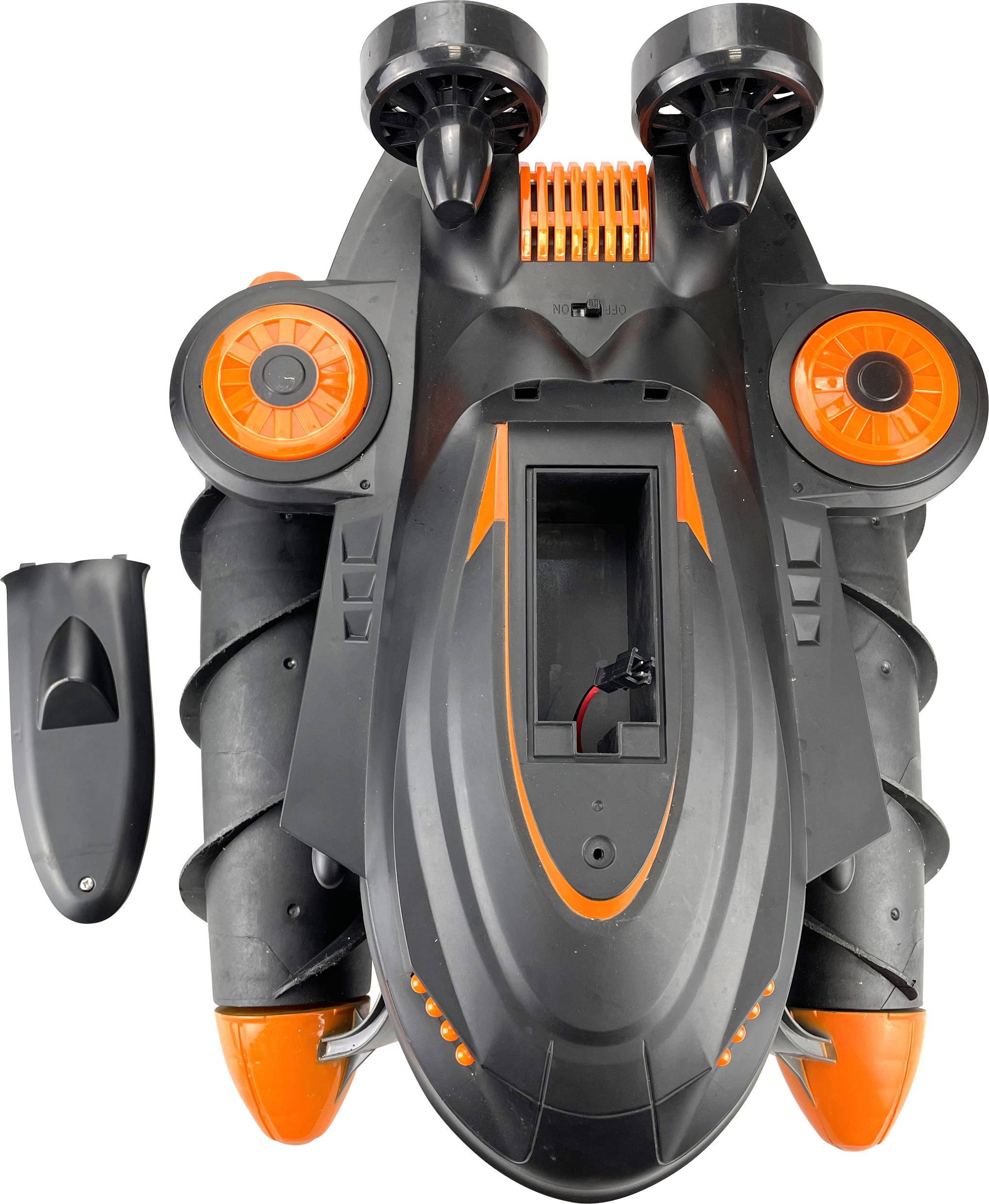 Remote-controlled watercraft in black and orange with a removable battery compartment cover. Propeller and floats are visible.