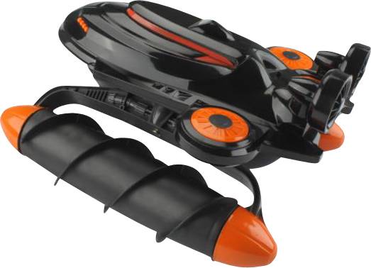 Black and orange toy vehicle with propellers and a handle, looking futuristic.