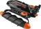 Black and orange toy vehicle with propellers and a handle, looking futuristic.