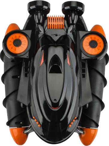 Black toy submarine with orange accents, top-down view. Two side propellers, streamlined design.