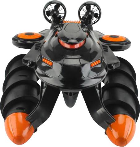 Toy vehicle with a futuristic design in black and orange, equipped with two large propellers and spiral-shaped wheels.