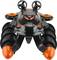 Toy vehicle with a futuristic design in black and orange, equipped with two large propellers and spiral-shaped wheels.