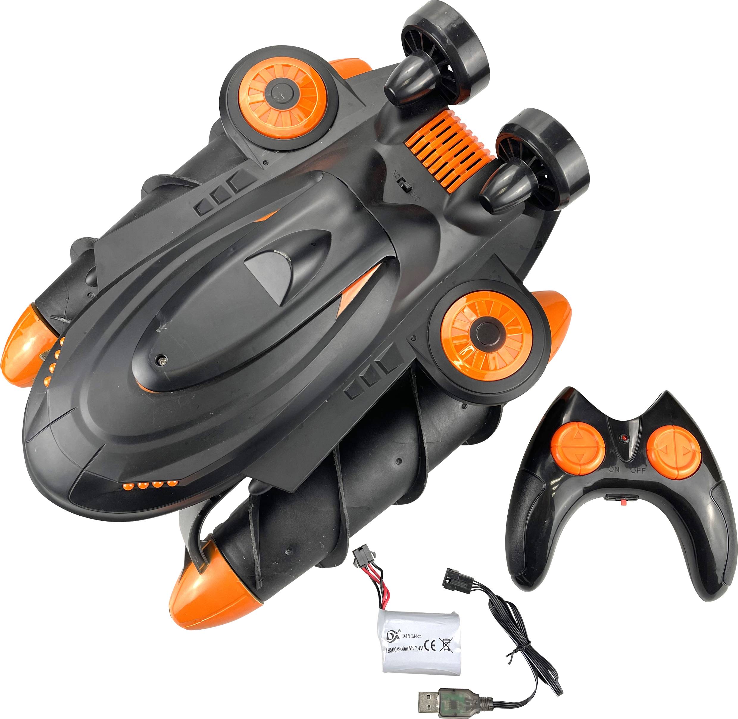 Remote-controlled black and orange toy car with two wheels at the top, a controller, and a detachable battery at the bottom.