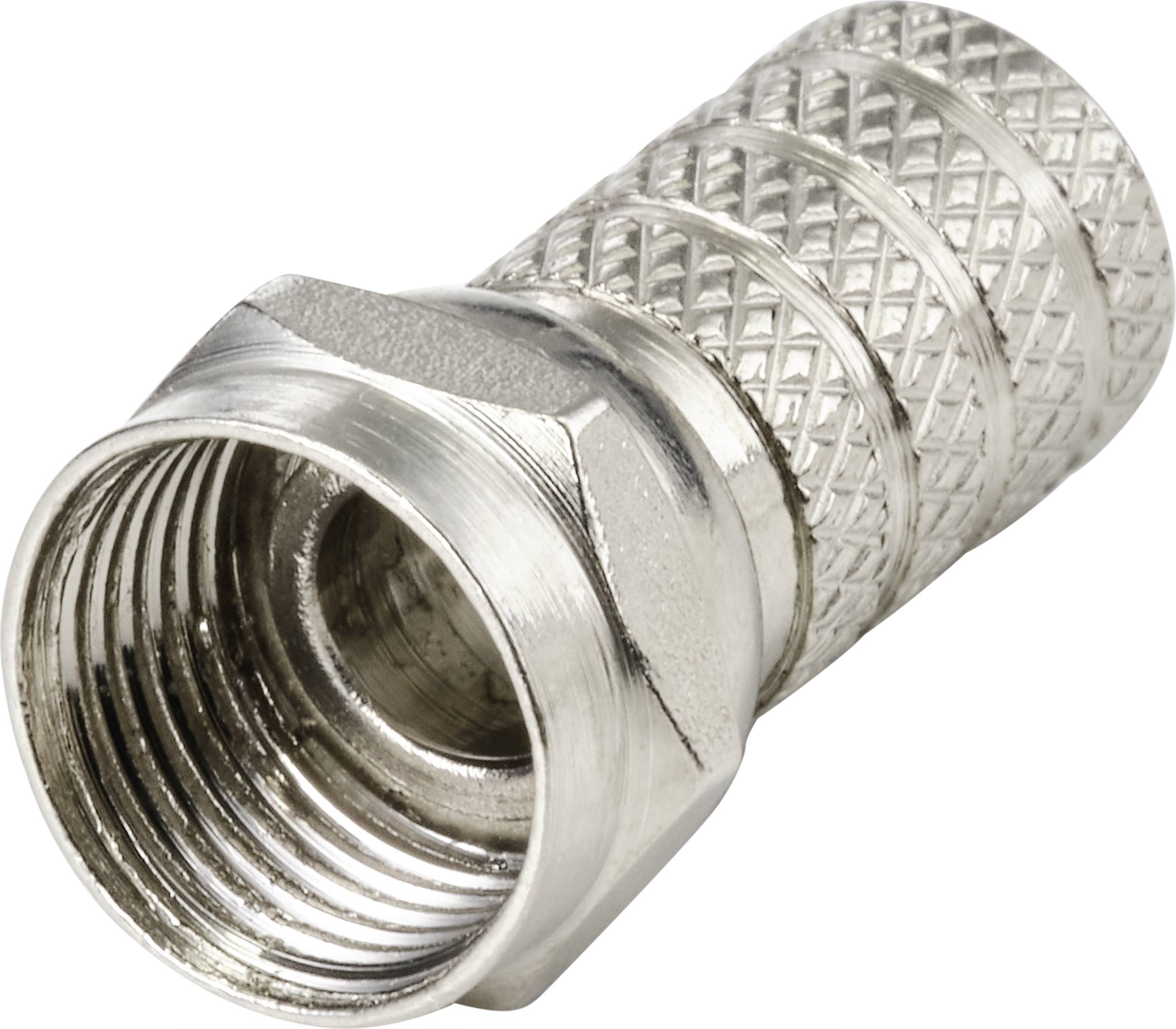 Metal coaxial cable plug with ribbed surface and screw-on connector.