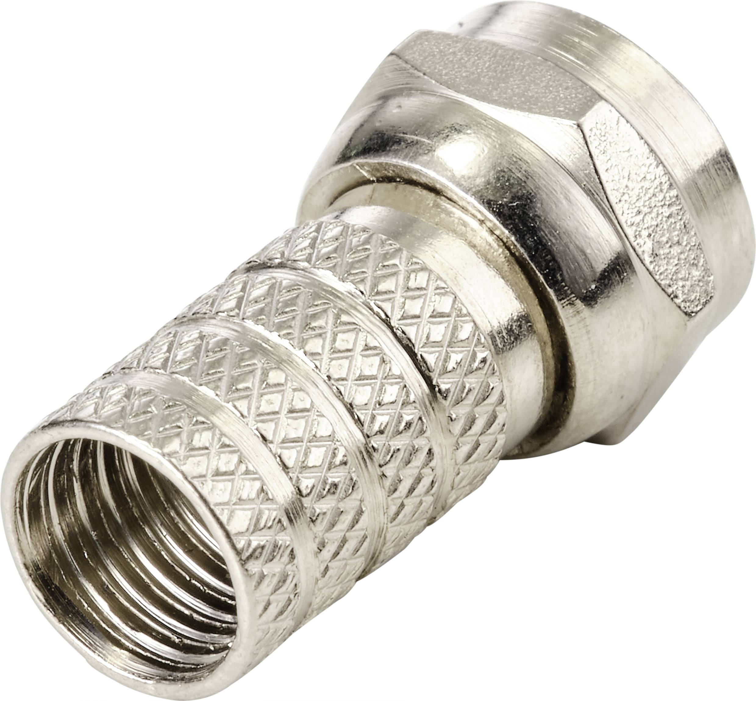 A silver coaxial plug with a ribbed surface, suitable for cable connections in antenna or satellite systems.