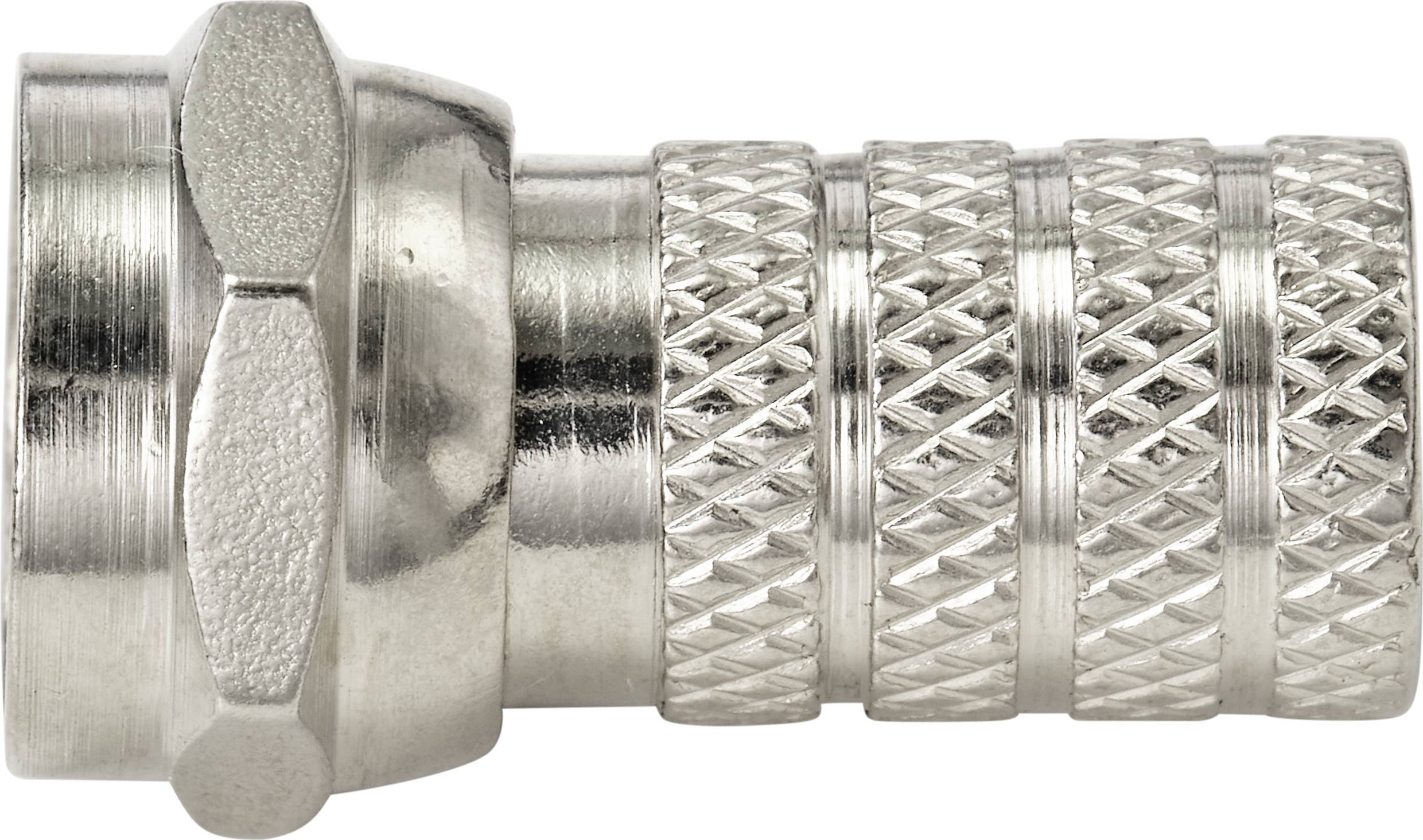 A silver metal plug with a ribbed grip and hexagonal base, commonly used in electronic or coaxial cable connections.