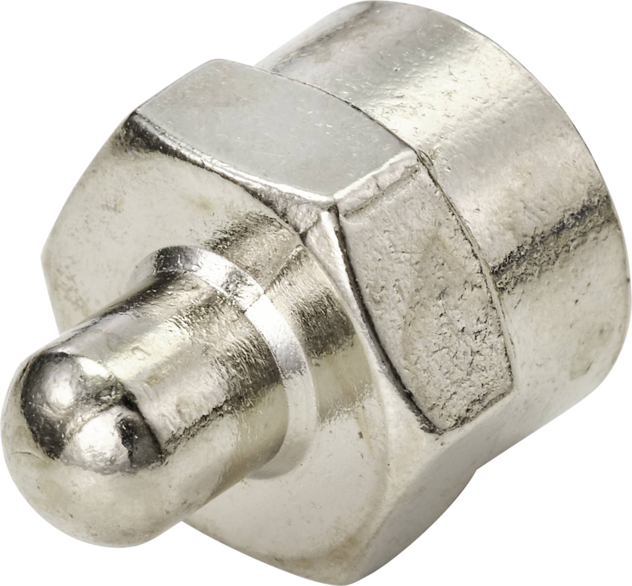 A silver metal grease nipple with a hexagonal head and round cap. Used for lubricating machine parts.