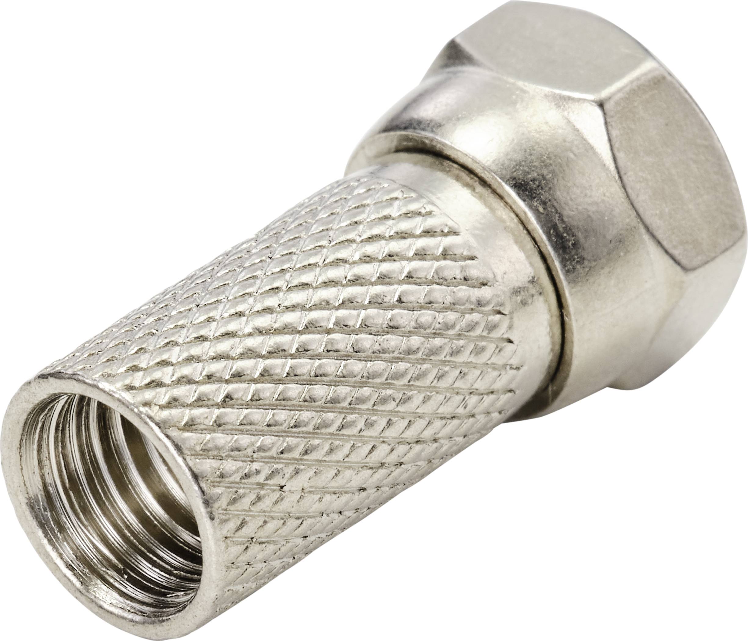 A metallic coaxial cable plug with a knurled surface and hexagonal nut for use with TV and internet cable connections.
