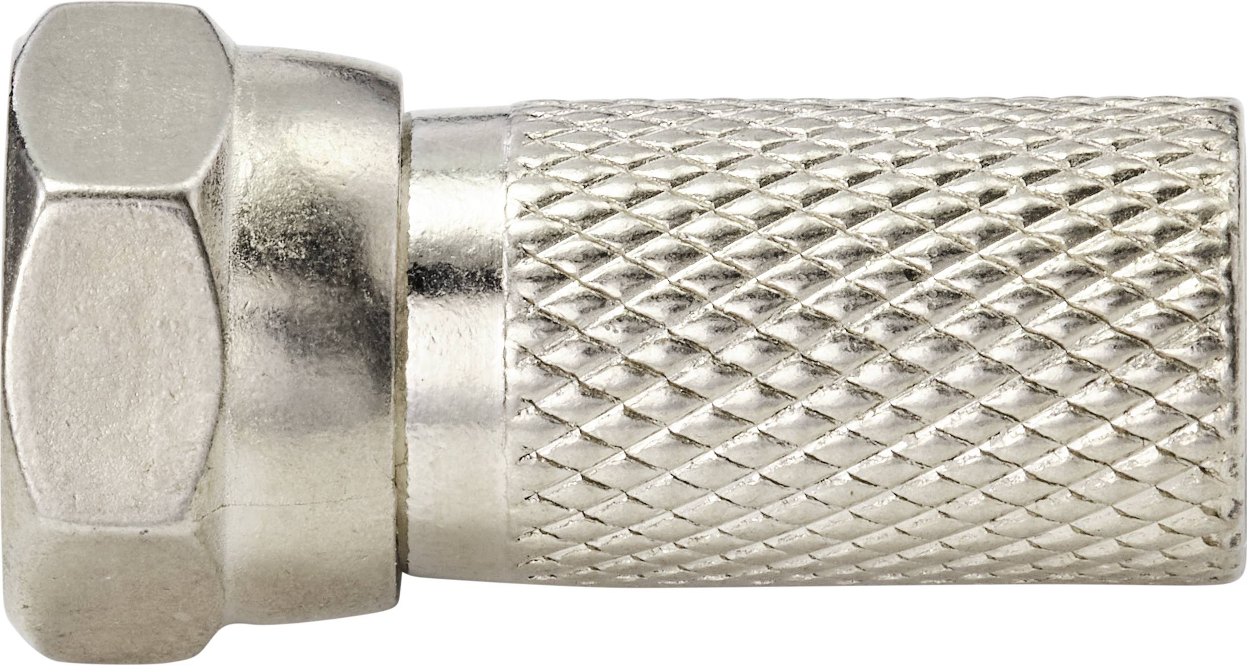 A metal coaxial connector, known as an F-connector, with a ridged surface for better grip, lies on a flat surface.