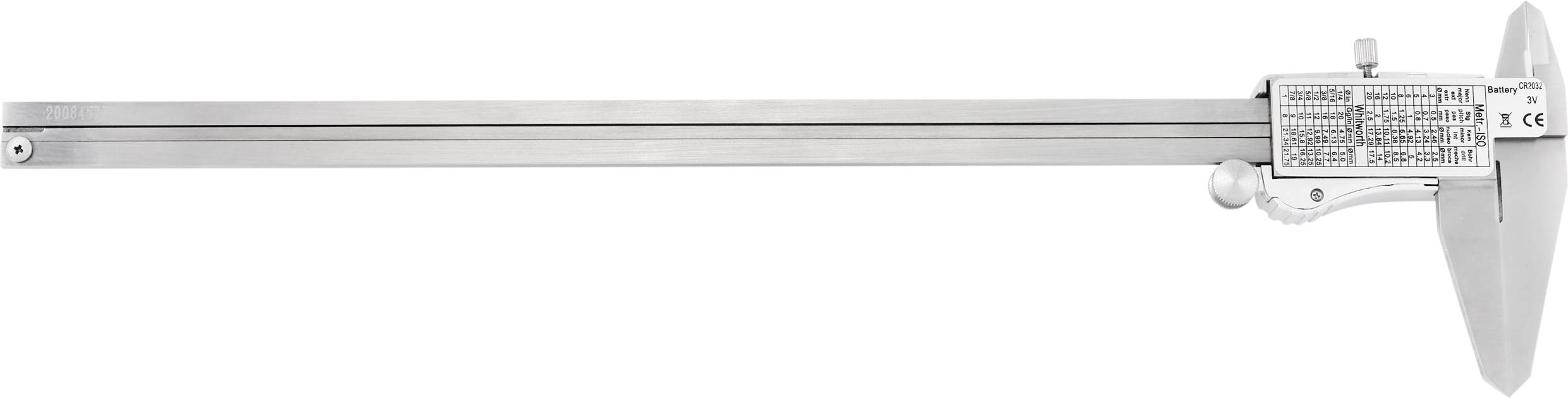 A slender, silver calliper with scale and movable slide for precise length measurement.