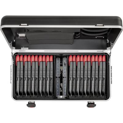 Open suitcase with several black devices lined up with red ends, arranged in two rows. Side compartments visible at the top.